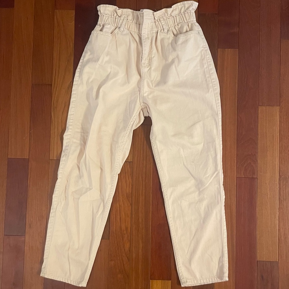 River Island Khaki Tan Paperbag Jeans Elastic Waist High Rise 10R (US)